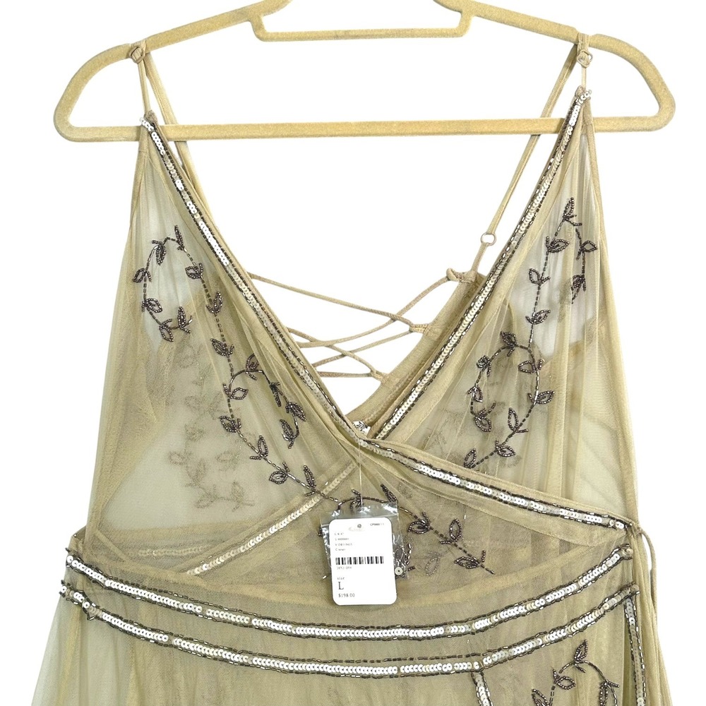 Free People Maxi Dress Sky Fall Embellished‎ Mesh Wrap Maxi Nude Sheer L NWT - Picture 5 of 14
